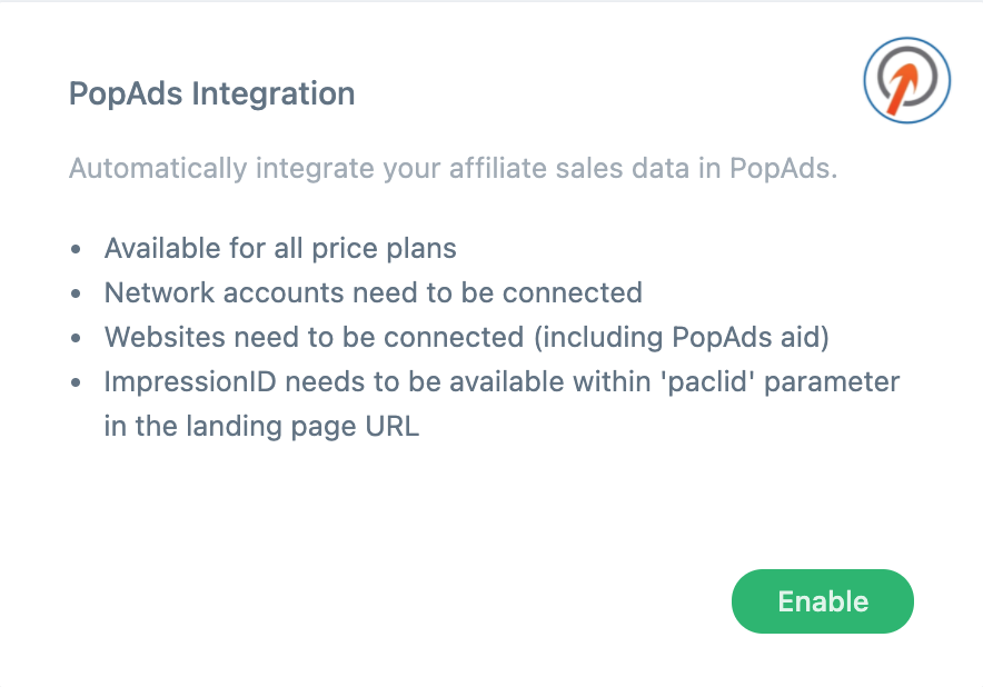 PopAds Integration Feature Activation