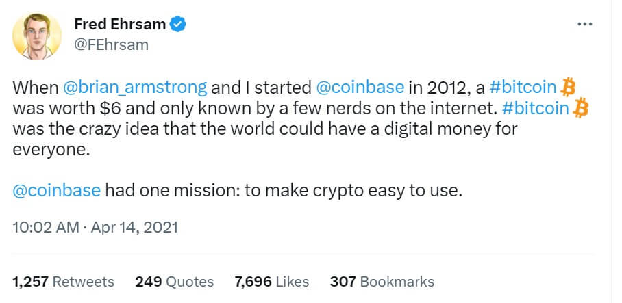 Fred Ehrsam of Coinbase tweet on day of public listing