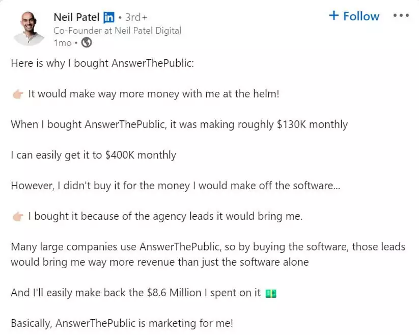 Neil Patel shares why he bought AnswerThePublic