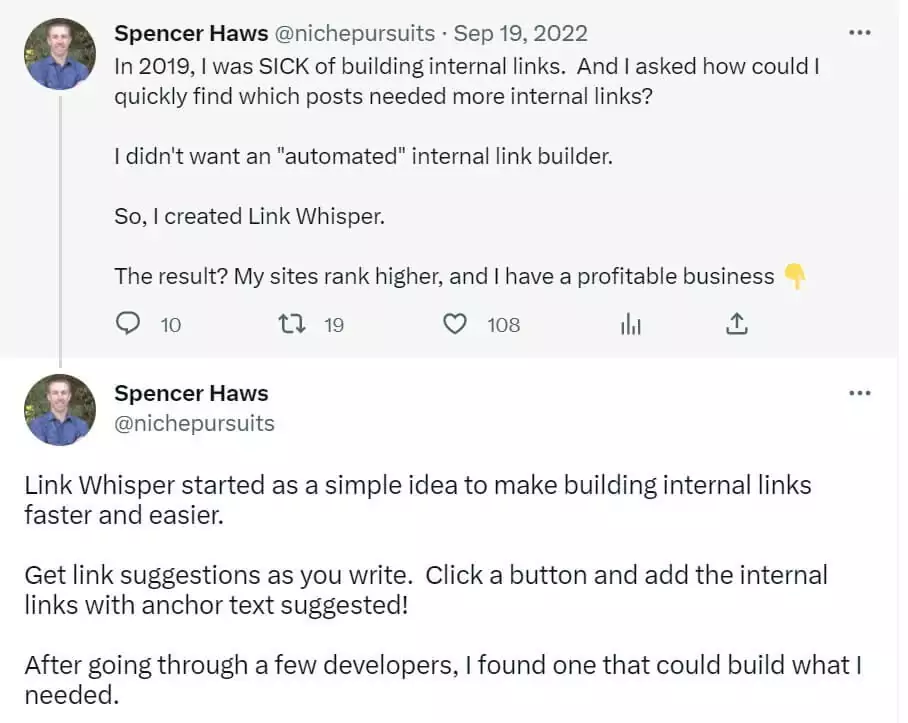 Spencer Haws tweet about Link Whisper